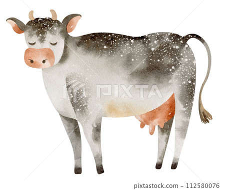 Cute farm animal. Watercolor illustration of a cartoon cow. Cattle agriculture. Poster for children's livestock. Calf, bull funny drawing. Cute farm animal. Watercolor illustration of a cartoon cow. Cattle agriculture. Poster for children's livestock. Calf, bull funny drawing. 112580076