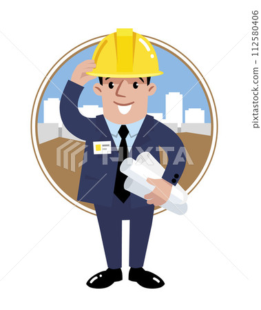 Funny construction engineer or architect. Emblem 112580406