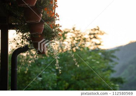 Porch of a wooden house in the forest on the river bank 112580569