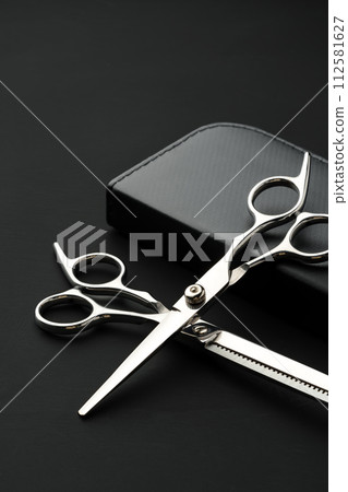 Hairdressing scissors with case on a black background 112581627