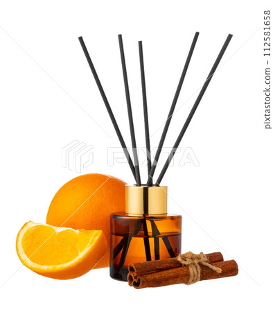 Citrus aromatic diffuser with citrus scent isolated on white background Citrus aromatic diffuser with citrus scent isolated on white background 112581658