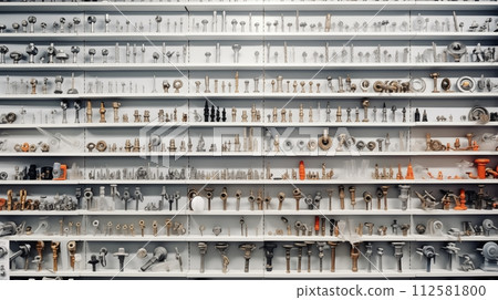 Shelves stocked with diverse industrial engineering materials.AI Generated Shelves stocked with diverse industrial engineering materials.AI Generated 112581800