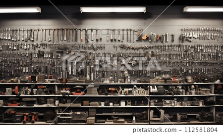 Industrial materials fill the walls and are arranged on many shelves.AI Generated Industrial materials fill the walls and are arranged on many shelves.AI Generated 112581804