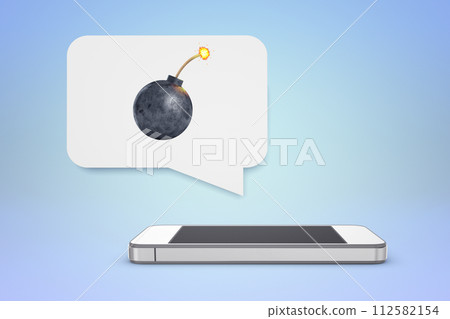 Bomb icon above smartphone with fuse lit 112582154