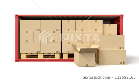 3d rendering of red open side shipping container full of cardboard packages isolated on white background. 112582163
