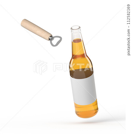 Amber beer bottle tilted with bottle opener 112582169