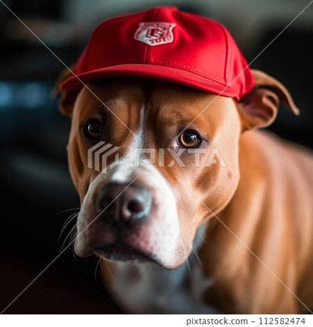 Staffordshire Terrier, Pit Bull Terrier, brown and white dog stands wearing a red hat on its head. The dog looks curious, tilting its head and wagging its tail.  112582474