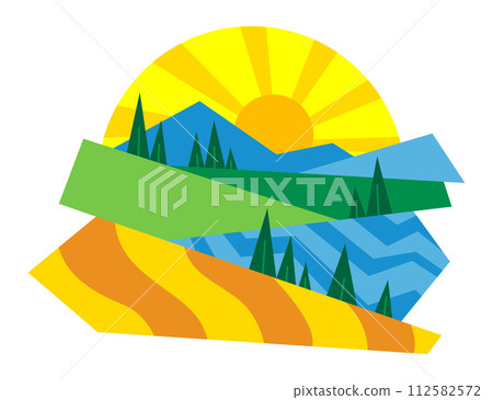 Nature sun icon. Colorful summer landscape isolated for template emblem. Ecological or nature symbol on white. Sunny summer vector illustration 112582572