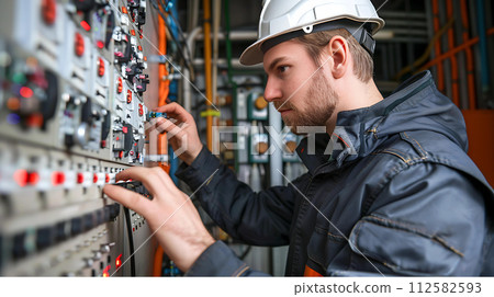 Engineer or technician working with electrical equipment in network server room. 112582593