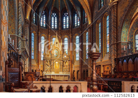 Budapest, Hungary 13th century interior of The Church of the Assumption of the Buda Castle, also known as Matthias Church. Budapest, Hungary 13th century interior of The Church of the Assumption of the Buda Castle, also known as Matthias Church. 112582613