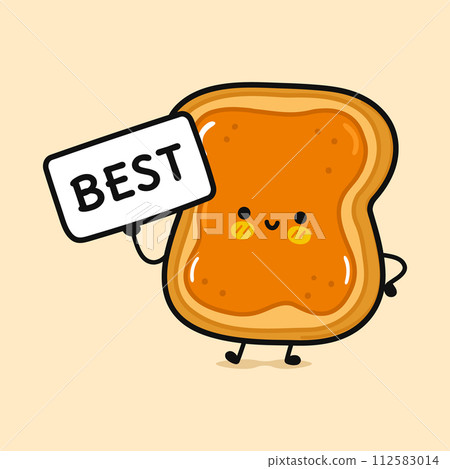 Toast piece of bread with peanut butter with poster best. Vector hand drawn cartoon kawaii character illustration icon. Isolated on brown background. Toast piece bread peanut butter think concept 112583014