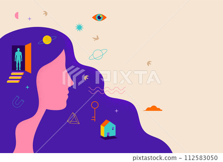 Surreal, Psychology, Dream, Mental Health concept illustration. Woman's head with surreal elements Surreal, Psychology, Dream, Mental Health concept illustration. Woman's head with surreal elements 112583050