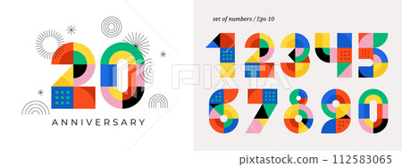 Anniversary concept design. Modern geometric style. Fireworks and celebration colorful background 112583065