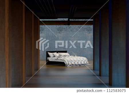 Bed and modern architecture in the dark. 112583075