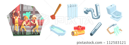 Professional Plumber Object and Instrument Vector Set 112583121