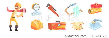 Professional Plumber Object and Instrument Vector Set 112583122