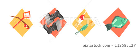 Fishing Object and Equipment Flat Colorful Icon Vector Set 112583127