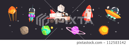 Space Exploration with Satellite, Rocket Shuttle, Planet and Lunar Rover Vector Set 112583142