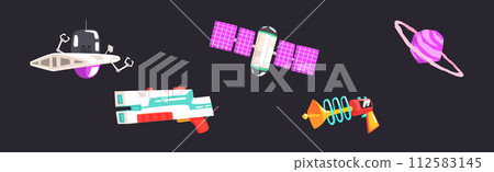 Space Exploration with Robot, Fantastic Weapon, Planet and Satellite Vector Set 112583145