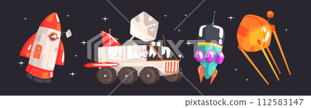 Space Exploration with Rocket, Car, Shuttle and Satellite Vector Set 112583147
