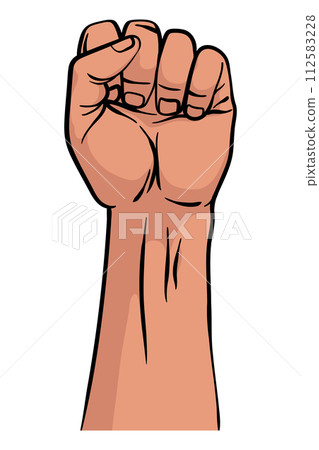 Raised fist hand gesture emblem. Vector hand clenched into fist and rising up, symbol isolated on white background. Power sign. Human hand up in the air 112583228
