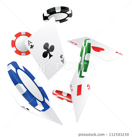 Playing card and chips poker game elements in 3D realistic design set. Vector aces hearts and spades, clubs and diamonds. Leisure hobby entertainment gambling game objects, red and black suits 112583230