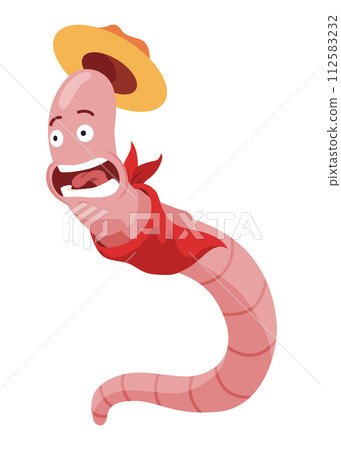Funny worm in hat. Pink crawler scared. Earth worm cartoon character, wildlife nature. Insect for kids illustration 112583232
