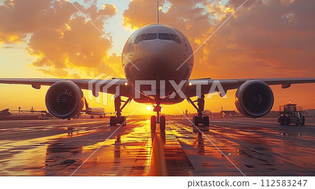 Jet passenger plane waiting for departure on the tarmac with the setting sun in the background Jet passenger plane waiting for departure on the tarmac with the setting sun in the background 112583247