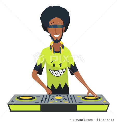 Dj character. Male party musician in headphones for event music record console vector people. Dj music party, musician in headphones illustration Dj character. Male party musician in headphones for event music record console vector people. Dj music party, musician in headphones illustration 112583253