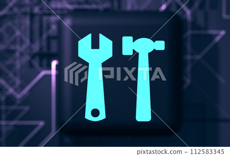 Tool symbol or icon, wrench and hammer. 112583345