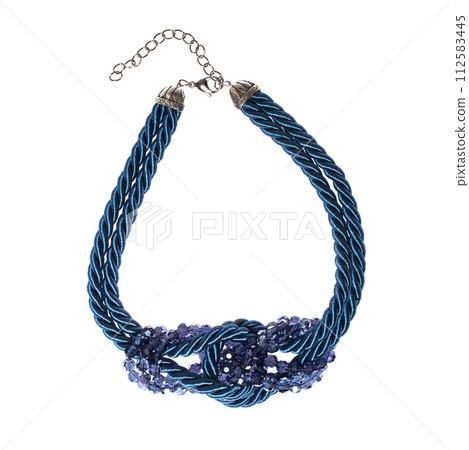 Big necklace with blue rope and beads isolated on white background 112583445