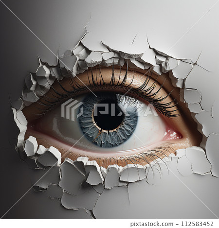 A close-up view of an eye looking through a cracked wall, showing the intricate details of the iris and pupil through the crevices. A close-up view of an eye looking through a cracked wall, showing the intricate details of the iris and pupil through the crevices. 112583452