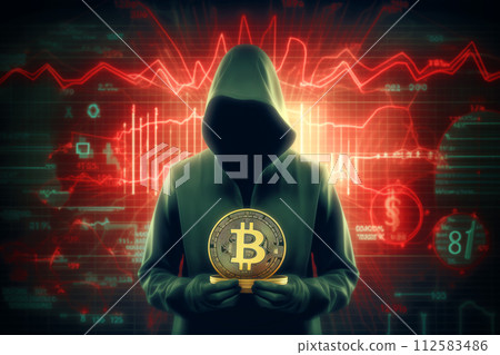 Hooded person holding Bitcoin with digital financial data in the background 112583486