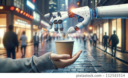 Robot giving coins to a homeless person on a busy city street, close up 112583514