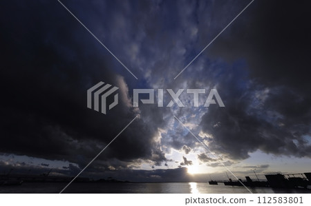 Evening sky with various clouds and the port/Spring/Ultra wide angle/Sky-based/240309pm 112583801