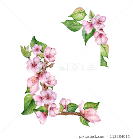 Watercolor frame with pink flowers of fruit tree isolated on white. Design template of floral frame with blossom branch hand drawn. Element for wedding invitation, card, packaging, label product Watercolor frame with pink flowers of fruit tree isolated on white. Design template of floral frame with blossom branch hand drawn. Element for wedding invitation, card, packaging, label product 112584015