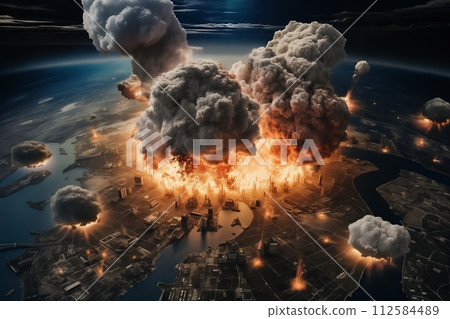 AI-generated content. City skyline with massive explosion and smoke clouds 112584489