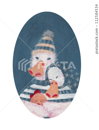 Cartoon family couple of ducks with an egg. Easter card. Colorful illustration on canvas with acrylic Cartoon family couple of ducks with an egg. Easter card. Colorful illustration on canvas with acrylic 112584534