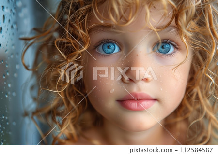 AI-generated content. Young girl with raindrops on face looking out 112584587