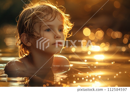 AI-generated content. Child swimming in golden illuminated water 112584597