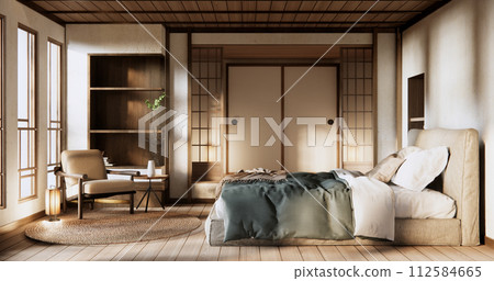 Bedroom japanese minimal style.,Modern white wall and wooden floor, room minimalist. Bedroom japanese minimal style.,Modern white wall and wooden floor, room minimalist. 112584665