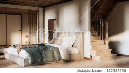 Bedroom japanese minimal style.,Modern white wall and wooden floor, room minimalist. 112584666