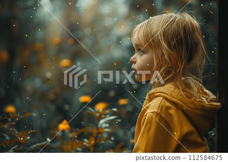 AI-generated content. Girl watching through foliage in moody light AI-generated content. Girl watching through foliage in moody light 112584675