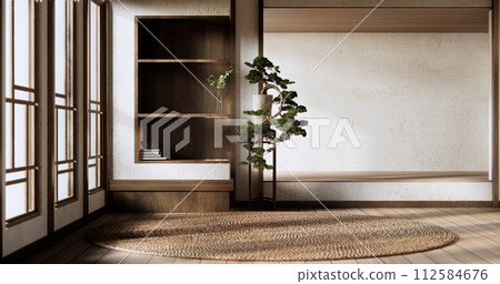 Shelf wall room zen style and decoraion wooden design, earth tone. 112584676