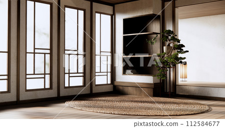 Shelf wall room zen style and decoraion wooden design, earth tone. Shelf wall room zen style and decoraion wooden design, earth tone. 112584677