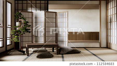 Modern with low table and pillow on minimal room japan style. 112584683