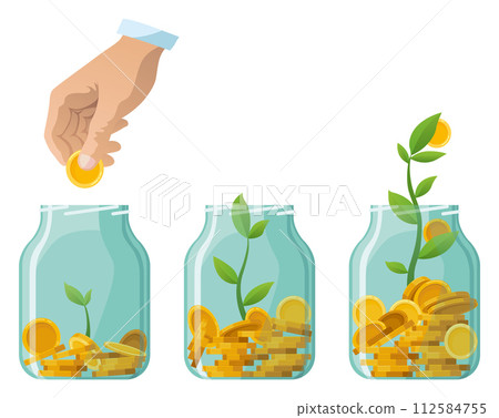 Investing bottle money, icon set. Money growing concept, finance savings tree, finances investment. Money growing plant step with deposit coin in bank concept 112584755