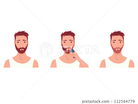 Man shaving. Male character grooming, does personal skincare routine. Cleansed and treated his face with various actions. Flat vector illustration set isolated on white background 112584779