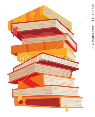 High book stacks or pile. Library textbooks and school literature heaps, dictionaries. Bookstore advertise. Cartoon stacked books angle view with different colorful covers isolated on white 112584780