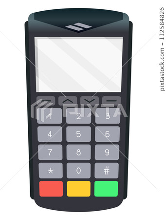 Payment pos terminal. NFC payment machine concept. Bank payment terminal, mockup. Vector illustration in flat design 112584826
